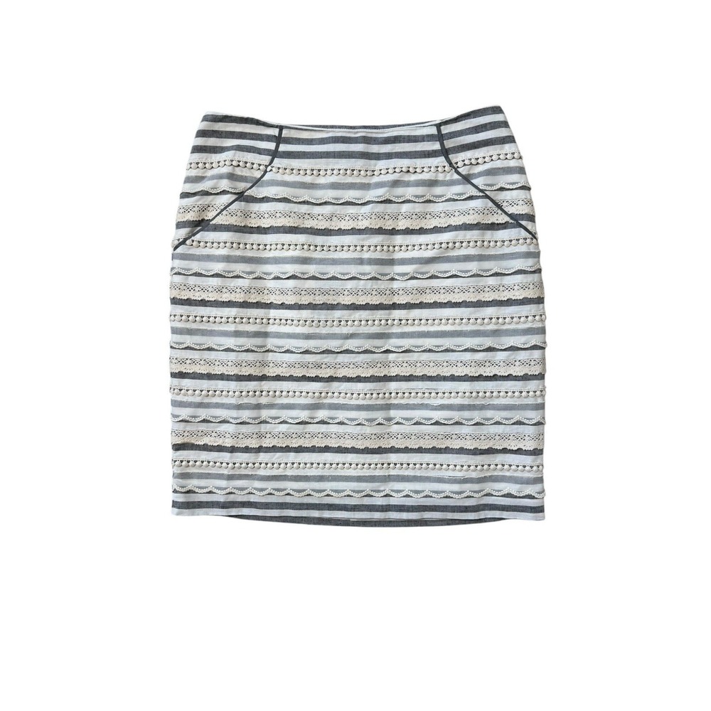 Tabitha Anthropologie Ivory‎ Gray Striped Skirt Pockets Lace Trim Size 4